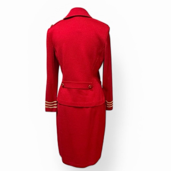 St John Santana Knit Red Military Skirt Suit Gold Braid Size 4 - Picture 6 of 12